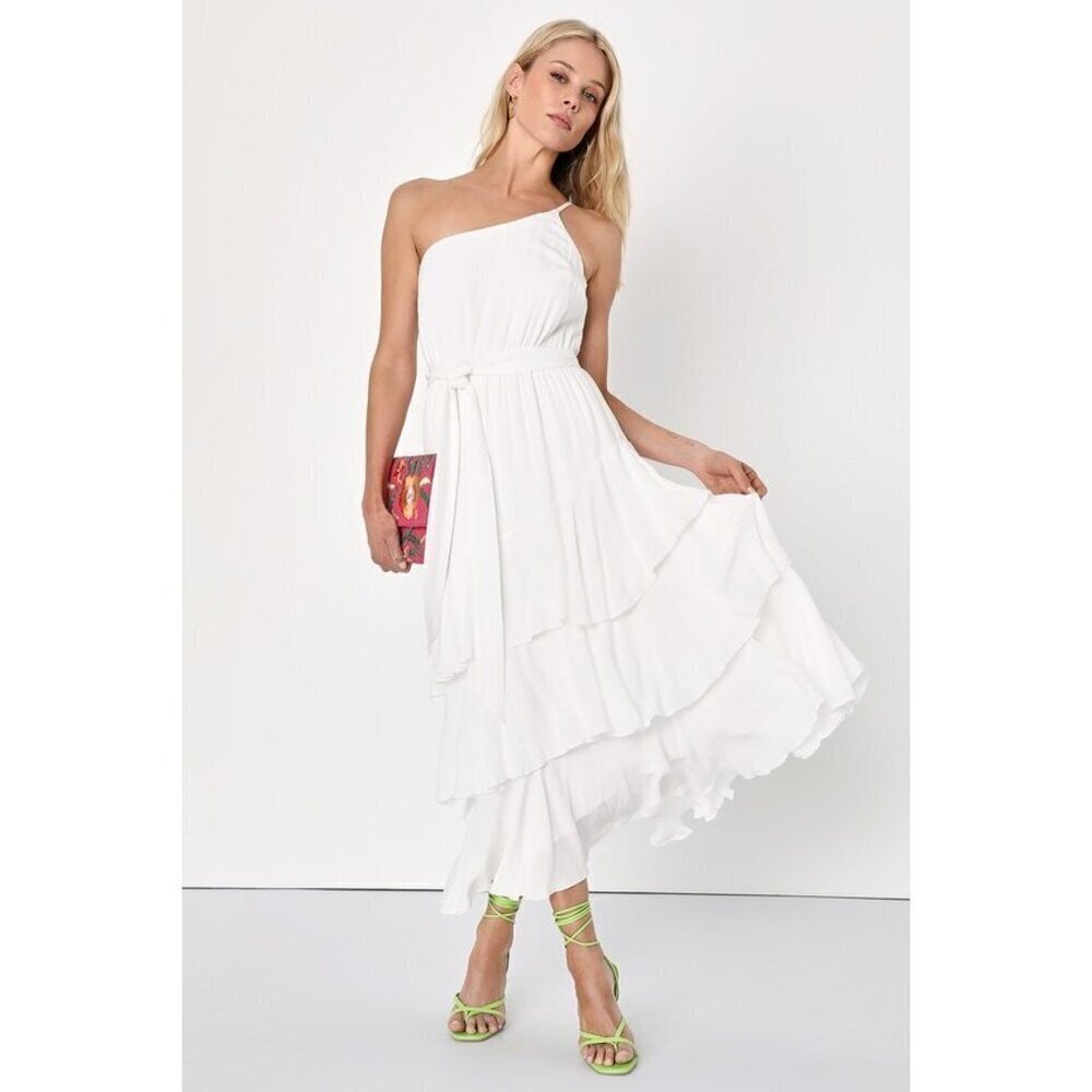 Lulus Slice Of Sunshine White One-Shoulder Asymmetrical Tiered Midi Dress, SMALL